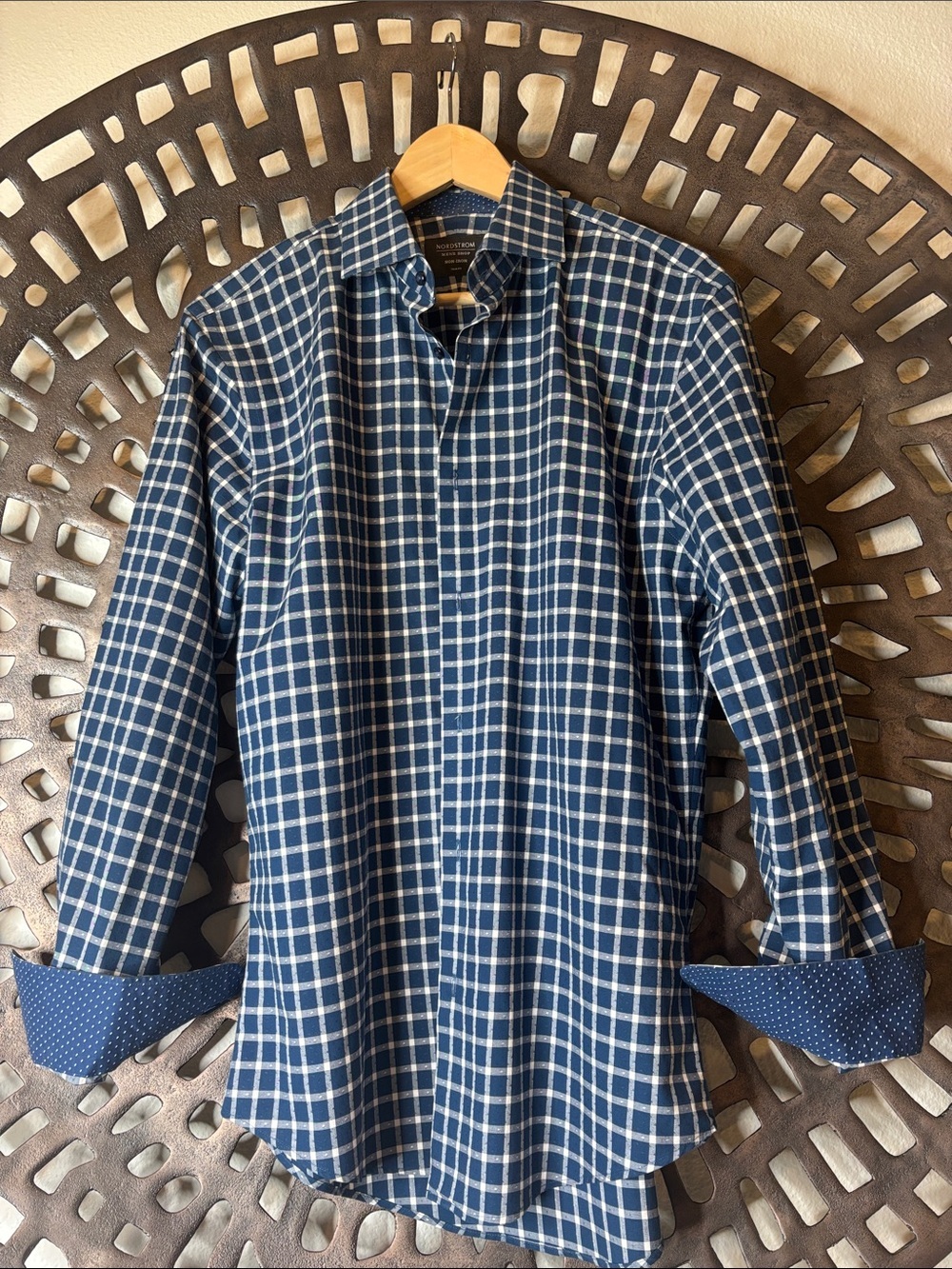 💙 Nordstrom Men's Shop Navy Blue Plaid Cotton Dress Shirt 15.5 Long Sleeve 💙